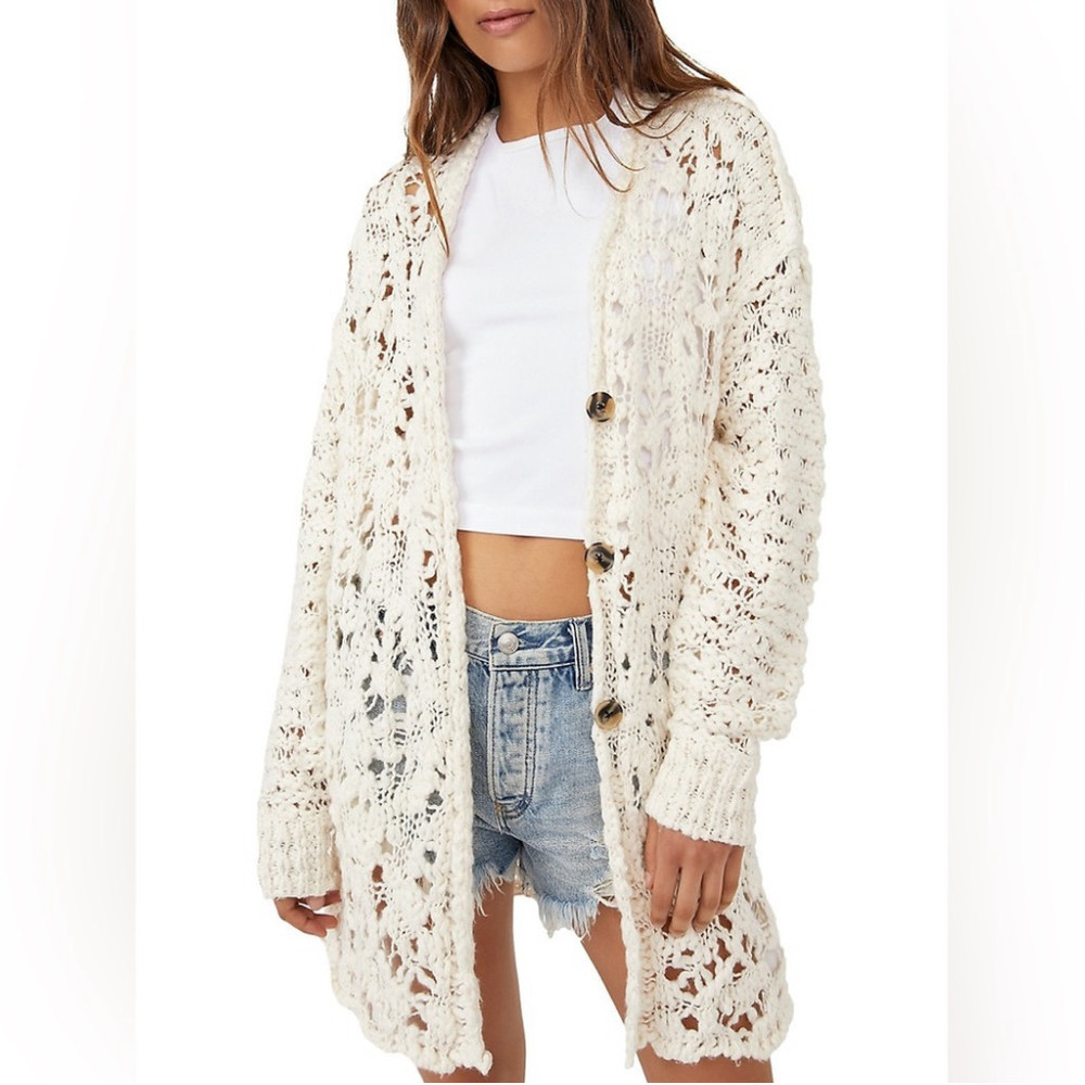 Free people open-knit cardigan pure cotton cream button up